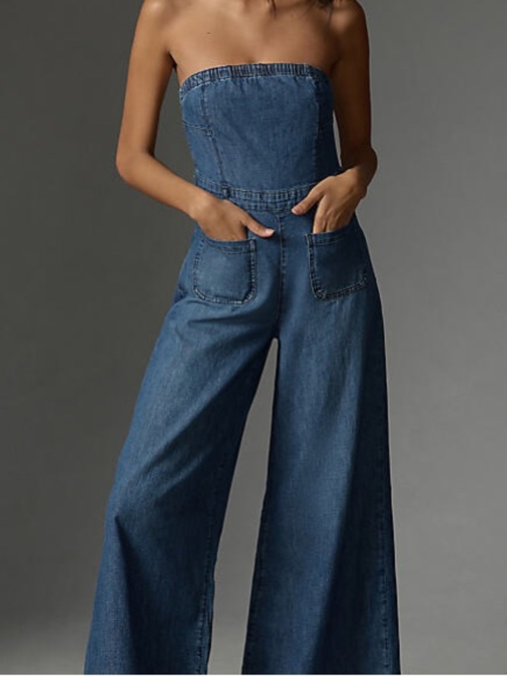 Pilcro- Anthropologie Strapless Wide-Leg Denim Jumpsuit in Deep Blue
